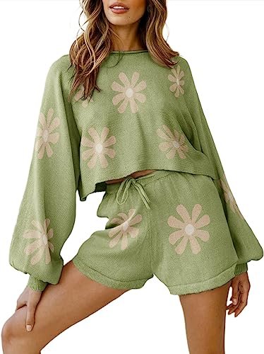 Women's Knit Pajama Set Lounge Set Long Sleeve Puff Sleeve Top and Shorts 2-Piece Set