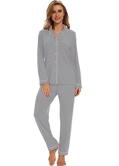 Button up Pajamas for Women, Long Sleeve Sleepwear Soft Loungewear