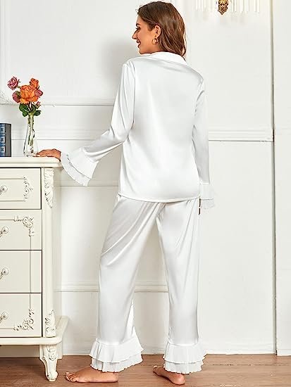 Women's Satin Notch Collar Blouse and Ruffle Hem Pants Set