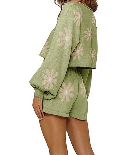 Women's Knit Pajama Set Lounge Set Long Sleeve Puff Sleeve Top and Shorts 2-Piece Set