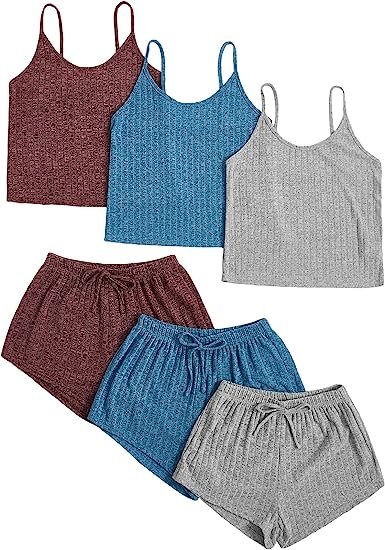 Women's 3 Sets Rib Knit Lounge Set Crop Cami Top and Tie Front Shorts Sleepwear Pajama Set