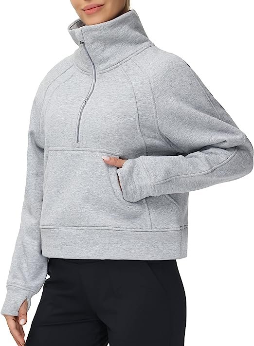 Womens' Half Zip Pullover Fleece Stand Collar Crop Sweatshirt with Pockets